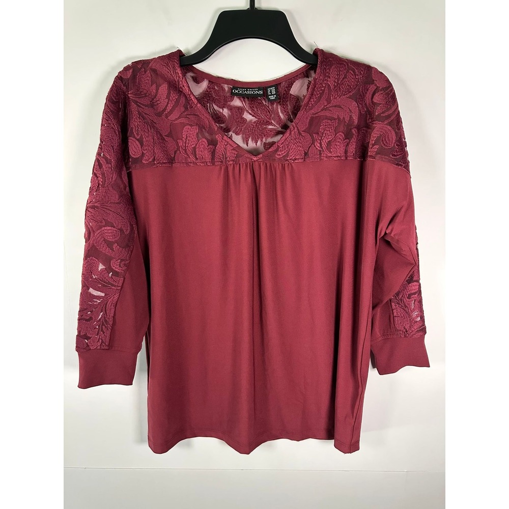 Susan Graver Top Womens XS Petite Burgundy Embroidered Mesh Yoke Tunic 3/4
